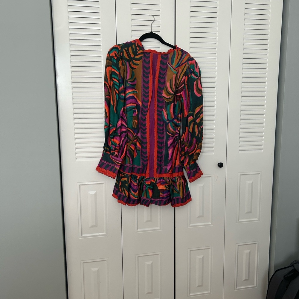 FARM Rio Graphic Foliage Lenzing Ecovero Ruffled Mini Dress w/ balloon sleeves